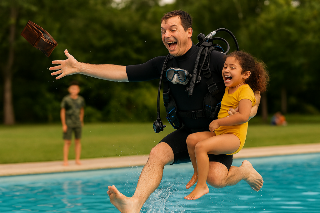 Father Happily Jumping in Swimming Pool with Empty Wallet