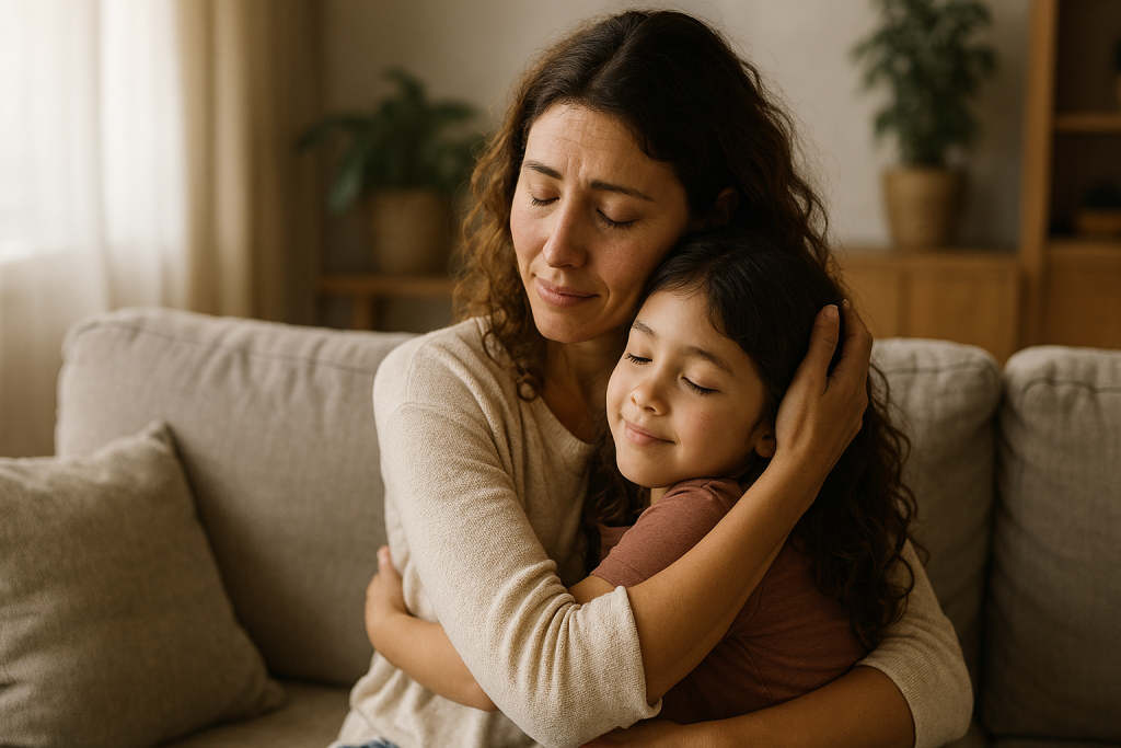 Mother with Parenting Burnout Hugs Daughter