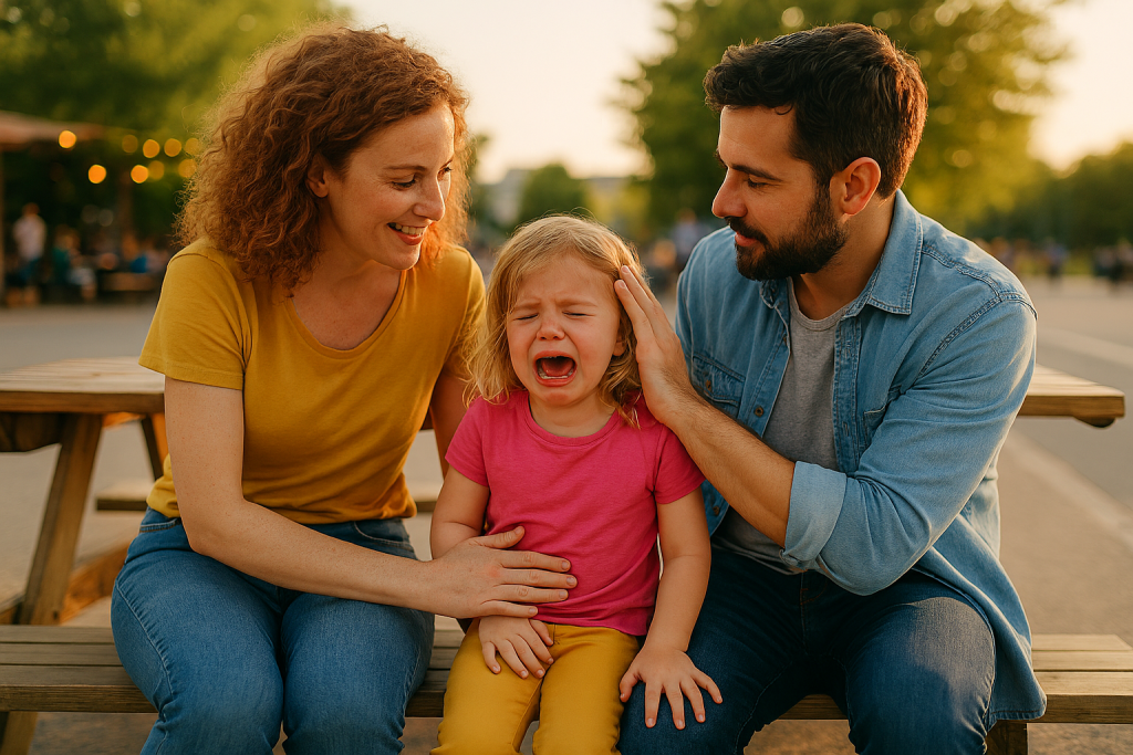 Parents Comfort Daughter Having Tantrum in Public Place